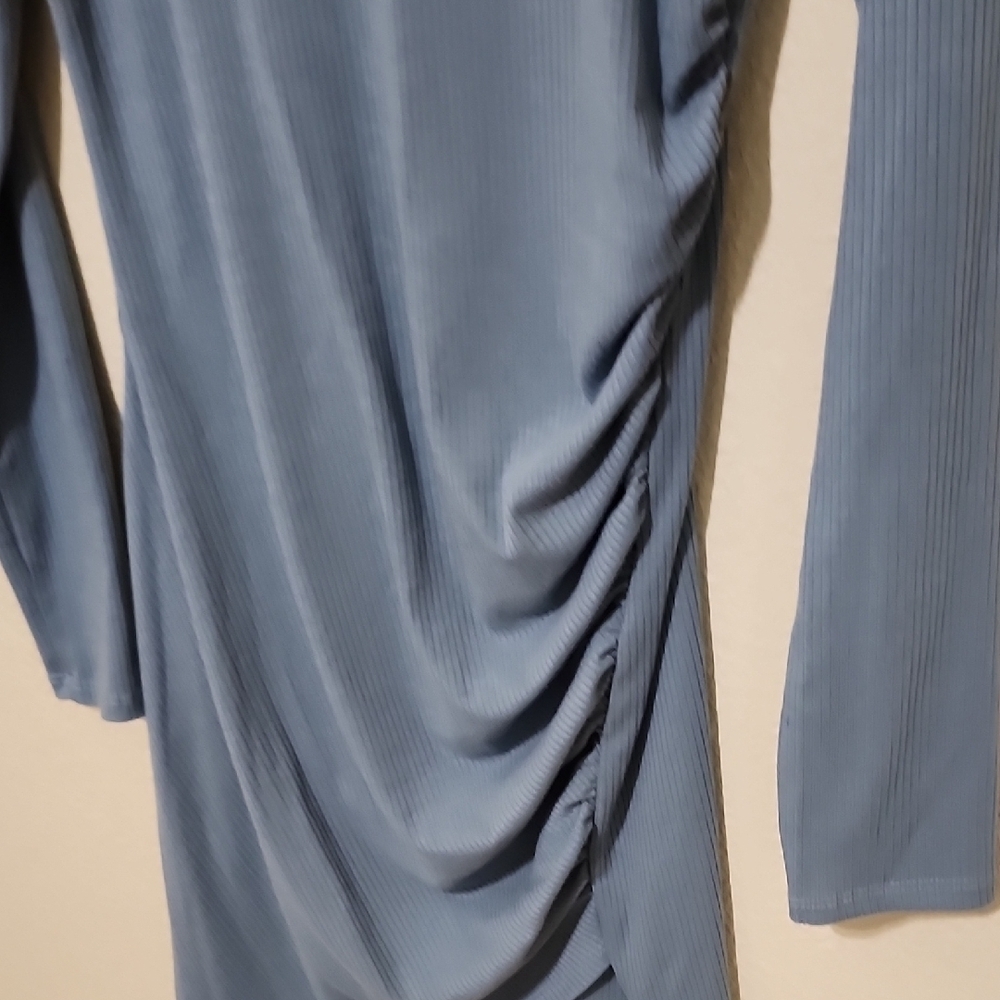 Soft Blue Long Sleeve Tunic Dress with Asymmetrical Ruching - Picture 3 of 6